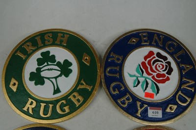 Lot 610 - Four cast iron plaques with England, Ireland,...