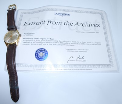 Lot 2579 - A gold plated Longines automatic wristwatch,...