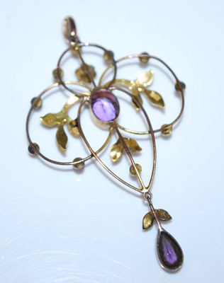 Lot 2593 - A yellow metal amethyst and seed pearl...