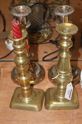 Lot 161 - A pair of Victorian turned brass candlesticks,...