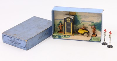 Lot 1159 - A Dinky Toys pre-war No. 44 AA hut motorcycle...