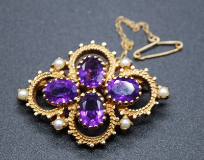 Lot 2609 - A 9ct yellow gold, amethyst and pearl...