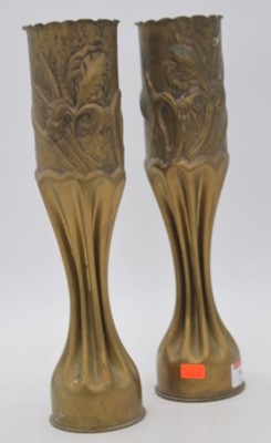 Lot 58 - A pair of WWI brass trench art artillery shell...