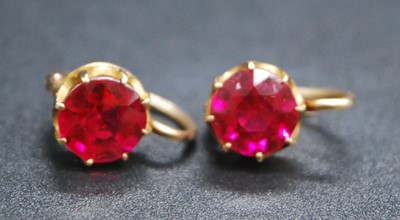 Lot 2710 - A pair of yellow metal synthetic ruby drop...