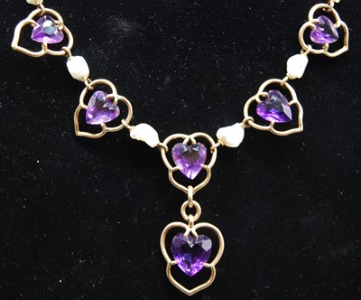 Lot 2686 - A vintage yellow metal, amethyst and pearl set...