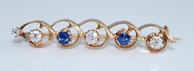 Lot 2726 - A yellow metal, sapphire and diamond bar...