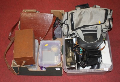 Lot 381 - Two boxes of cameras, photography equipment...