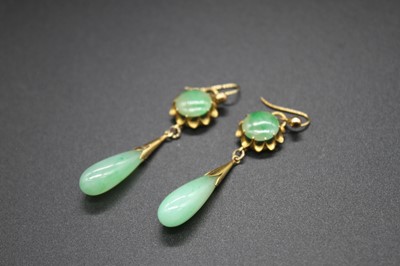 Lot 2830 - A pair of yellow metal and celadon jade ear...