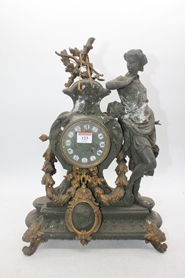 Lot 123 - A late 19th century spelter mantel clock,...
