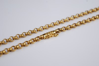 Lot 2231 - A yellow metal belcher link necklace, each...