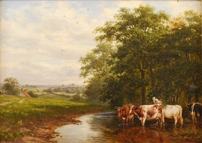 Lot 2463 - Dixon Clark (1849-1944) - Cattle watering, oil...