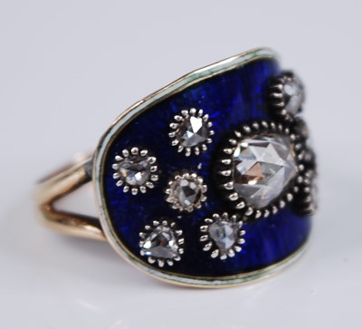 Lot 2276 - A yellow metal, diamond and enamel ring,...