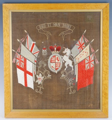 Lot 344 - A WW I period silk embroidered panel, the...