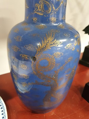 Lot 39 - A Chinese blue glazed stoneware vase, gilt...