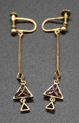 Lot 425 - A pair of 9ct gold drop ear pendants, with...