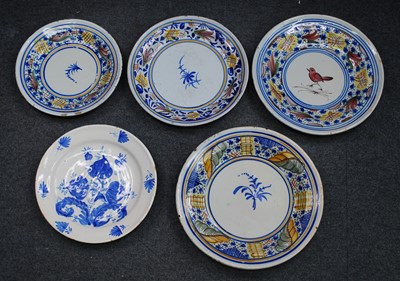 Lot 2136 - A collection of five Spanish polychrome glazed...