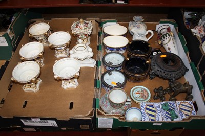 Lot 67 - Two boxes of ceramics and metalware, to...