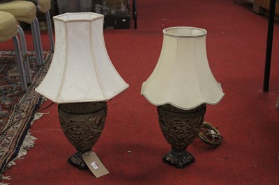 Lot 121 - A pair of majolica table lamps with shades,...