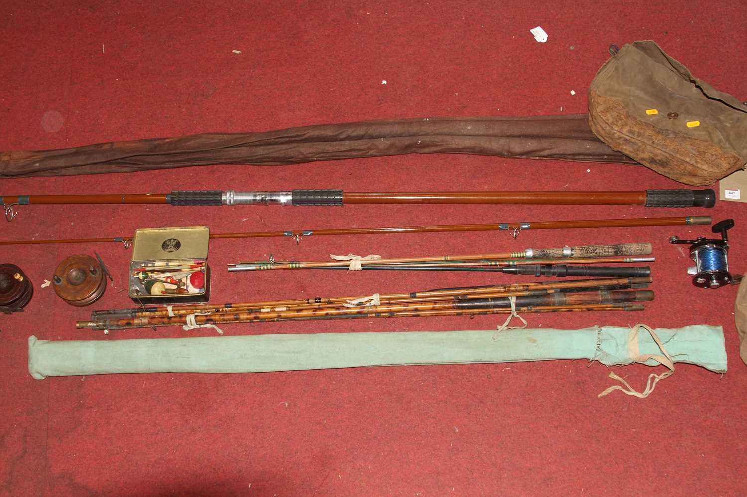 Lot 447 - Three vintage fishing rods and tackle