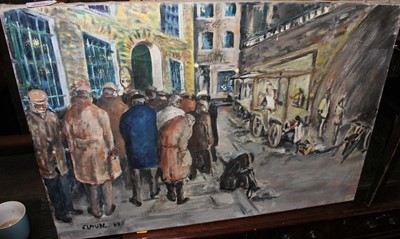 Lot 1028 - Claude - The Hostel queue, oil on canvas,...