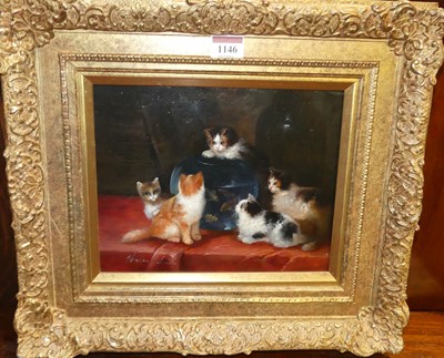 Lot 1146 - Helen Lee - Kittens with goldfish bowl, oil on...