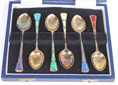 Lot 180 - A cased set of six 1970s silver-gilt enamelled...