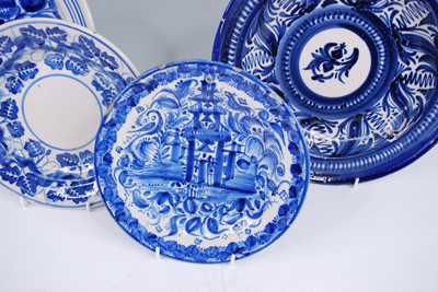 Lot 2140 - A Spanish Manises blue and white plate, 19th...