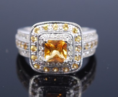 Lot 2345 - A 14ct white gold, citrine and diamond square...