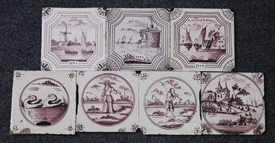 Lot 2196 - A set of six Dutch manganese and white tiles,...