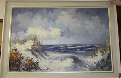 Lot 1025 - Van Cleef - beach scene, oil on canvas, signed...