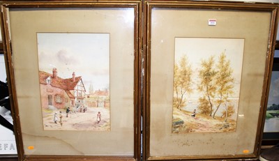 Lot 1026 - J Cox - figures, horse & cart on village...