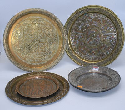 Lot 253 - An eastern repoussee decorated brass dish, dia....