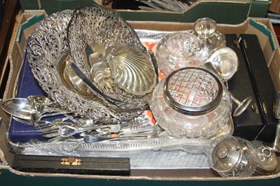 Lot 303 - Two boxes of mixed silver plated wares, to...