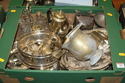 Lot 308 - Two boxes of mixed silver plated wares to...