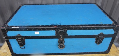 Lot 1205 - A painted and metal bound travel trunk, w.92cm