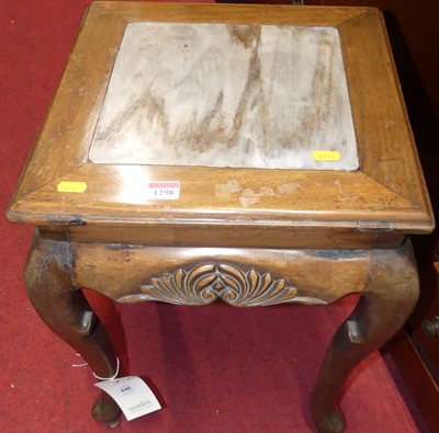 Lot 1298 - A Chinese hardwood and marble inset low urn...