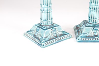 Lot 4079 - A pair of Burmantofts turquoise glazed...