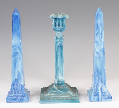 Lot 4101 - A Sowerby streaked blue slag glass candlestick,...