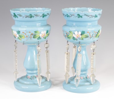 Lot 4099 - A pair of Victorian blue glass table lustres,...