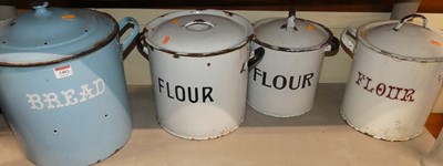 Lot 1482 - Four sundry enamelled twin handled metal bins,...