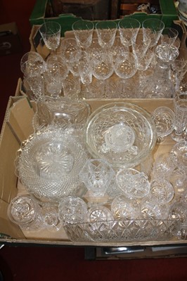 Lot 697 - Two boxes of glassware to include a decanter,...