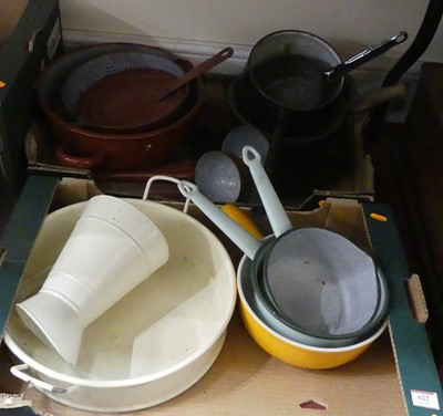 Lot 622 - Two trays of cookware, to include saucepans...