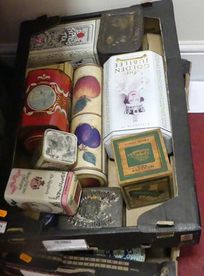 Lot 626 - Two boxes of vintage metal tins