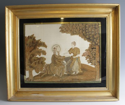 Lot 4279 - A 19th century silk and stump work panel...