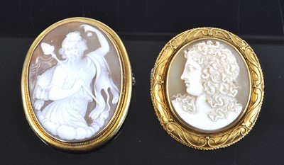 Lot 4151 - Two yellow metal shell cameo brooches, one...