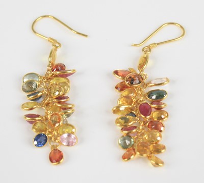 Lot 2325 - A pair of yellow metal multi-sapphire fringed...