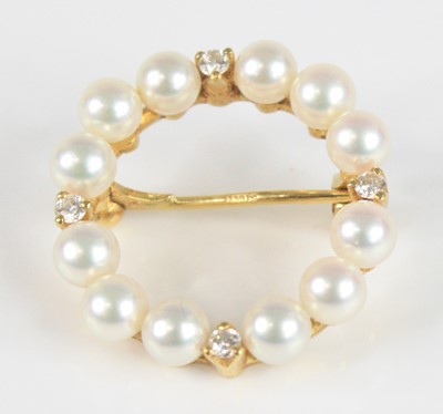 Lot 2317 - An 18ct yellow gold Mikimoto pearl and diamond...