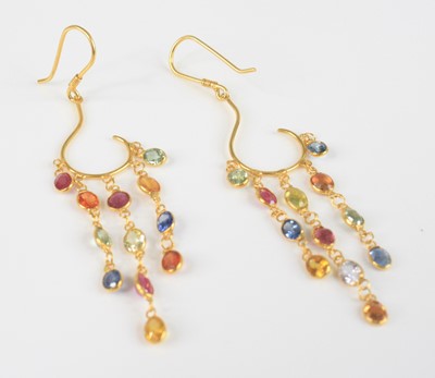 Lot 2326 - A pair of yellow metal multi-sapphire drop...