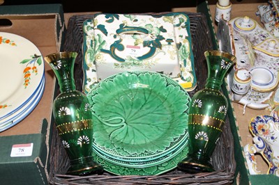 Lot 79 - A pair of green glass vases with hand painted...