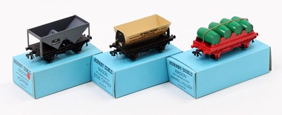 Lot 617 - Three wagons: BR grey hopper; barrel wagon,...